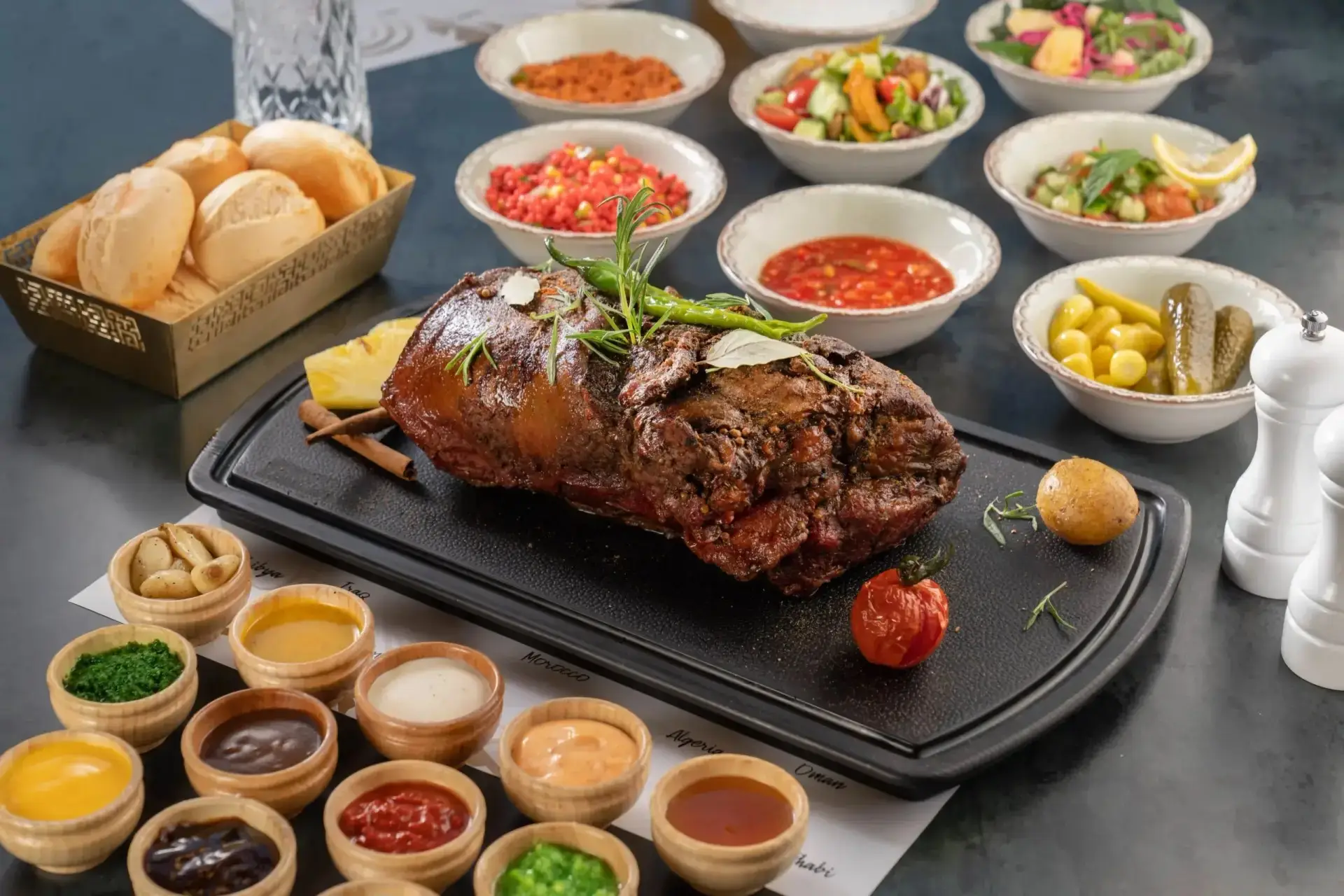 Smoked halal beef on a carving board at Meat Moot Seattle with bread and sauces