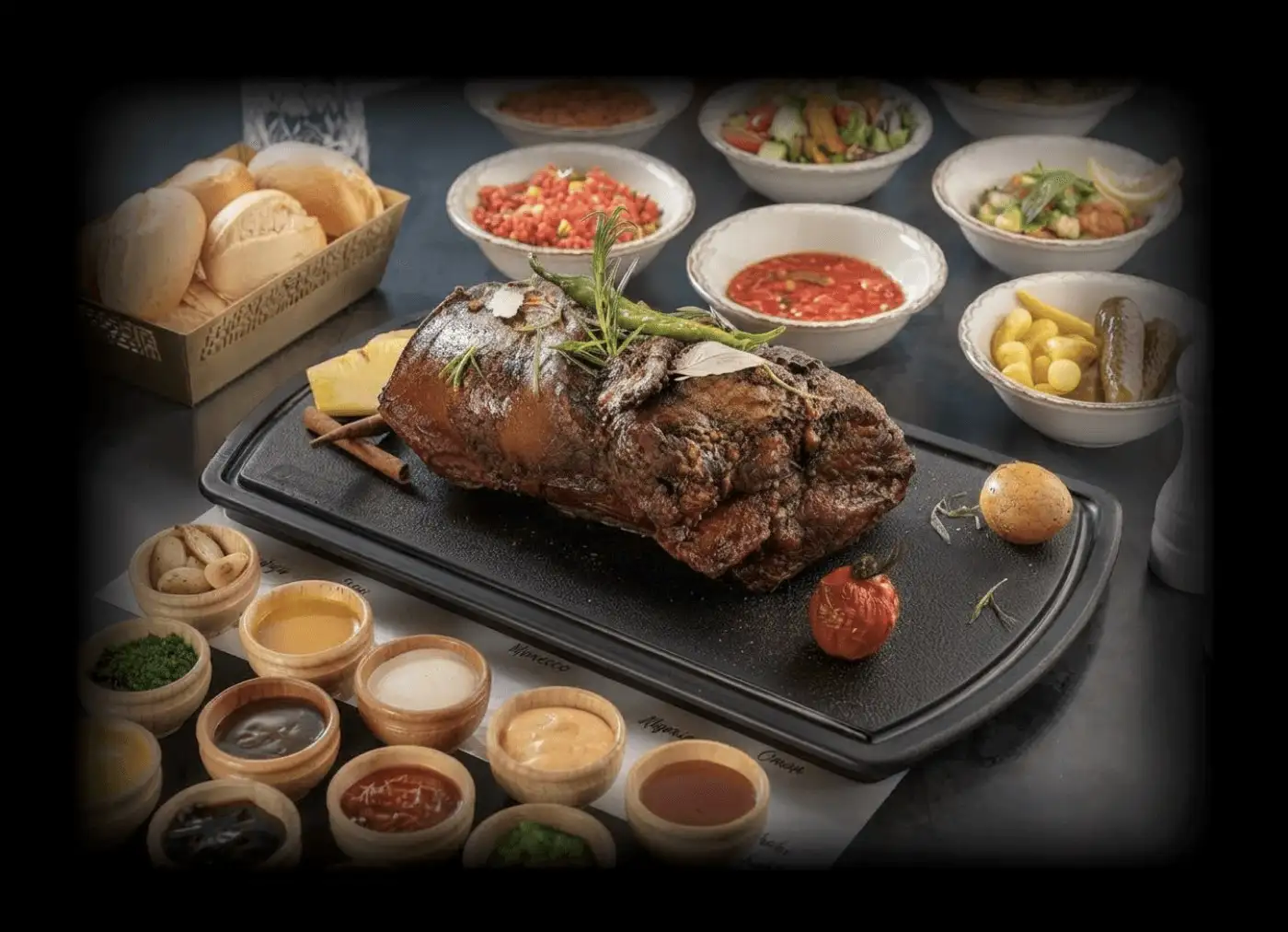 Smoked halal beef brisket on a carving board surrounded by sauces, salads and bread at Meat Moot Seattle