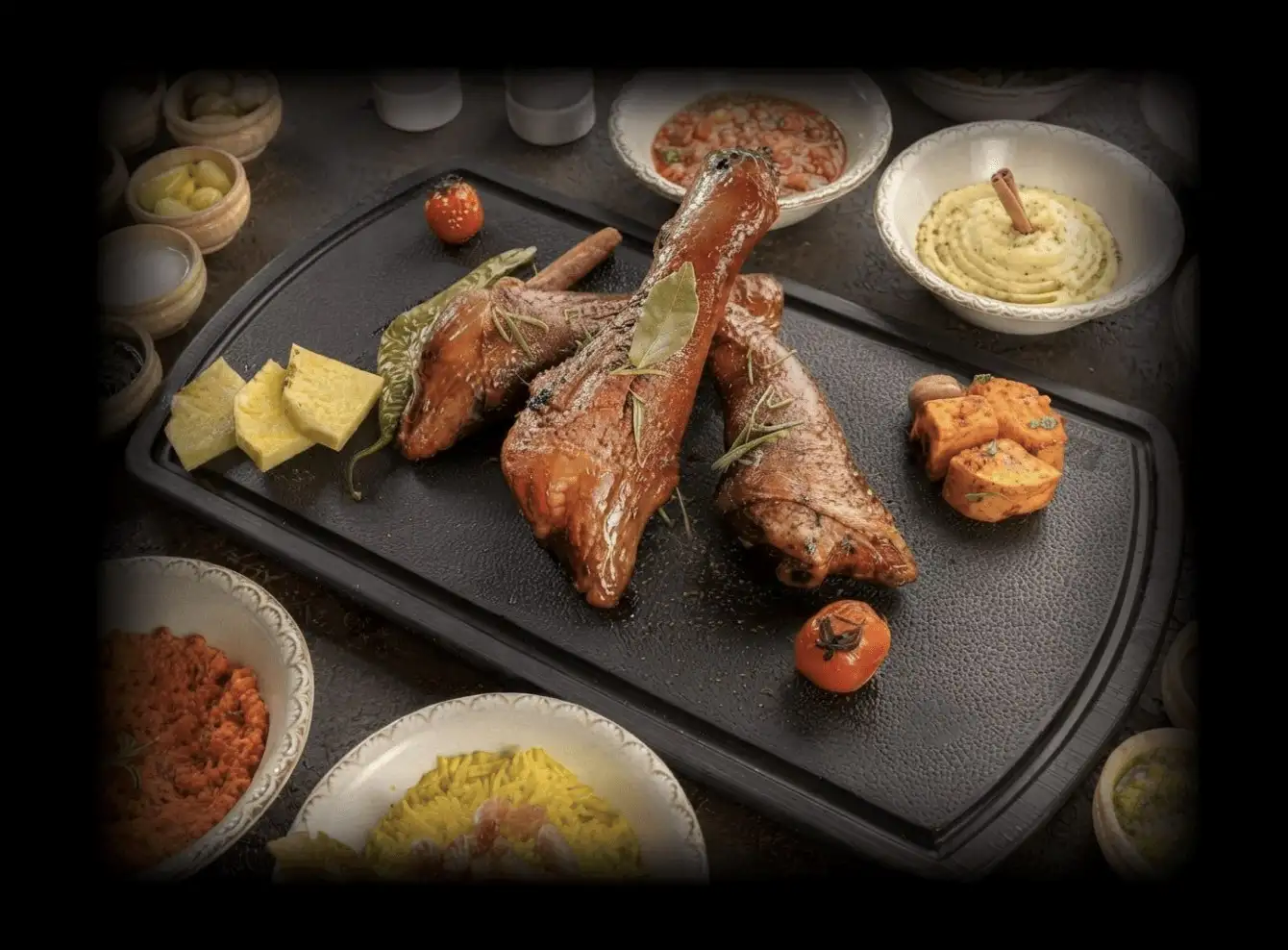 Whole smoked halal lamb shanks on a slate board with sauces and salads