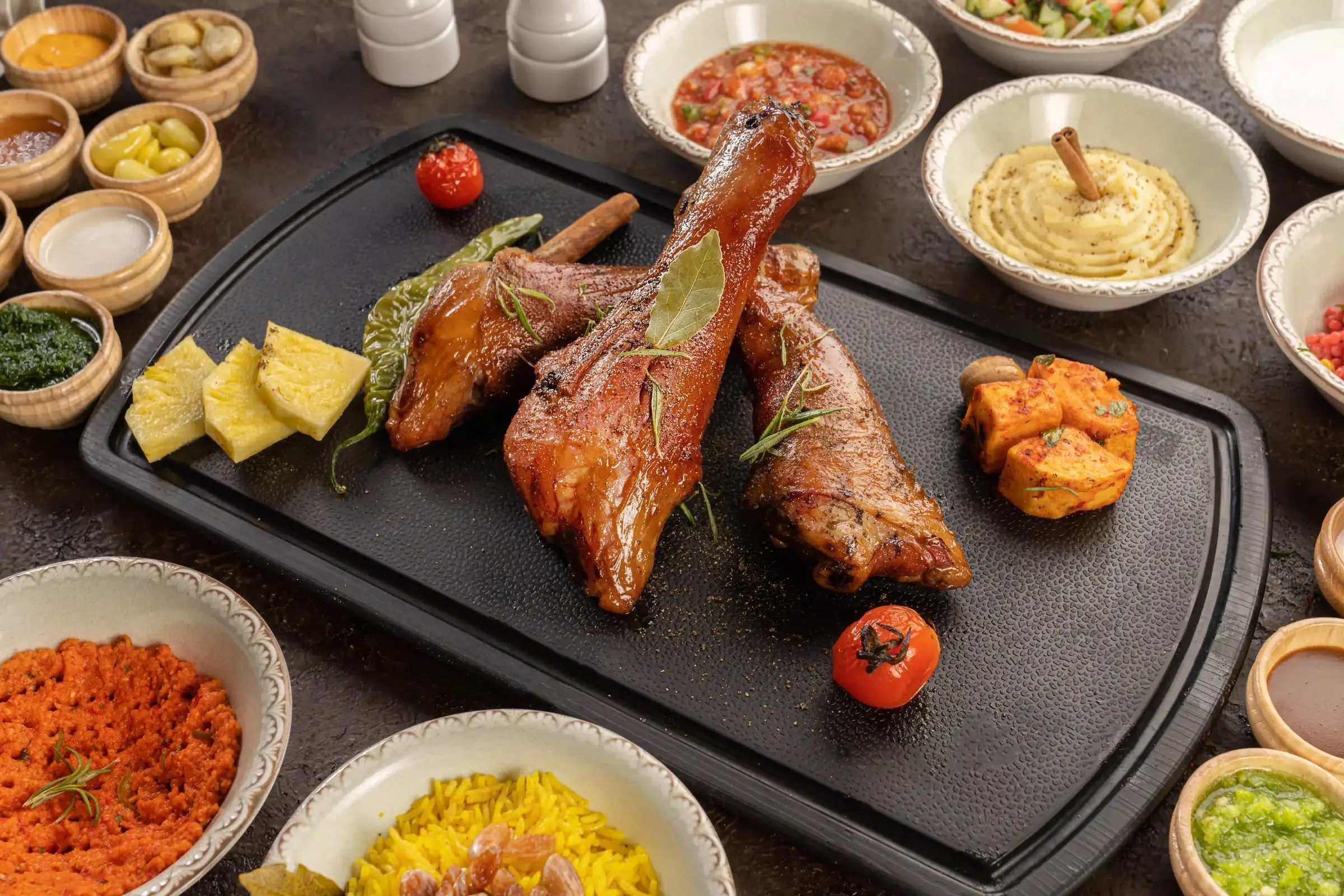 Smoked halal lamb on a carving board with a spread of house sauces and salads